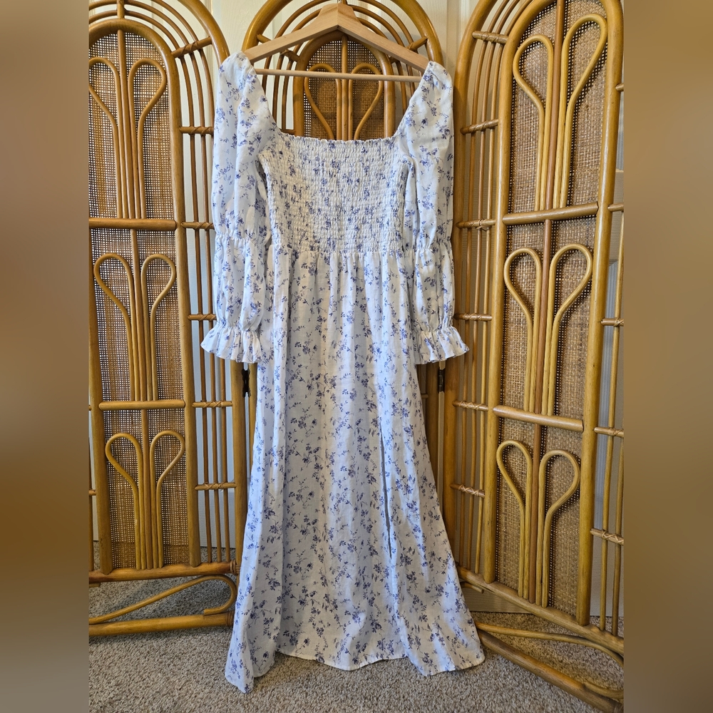 Reformation Linen Puff Sleeve Hyland Dress Blue Floral